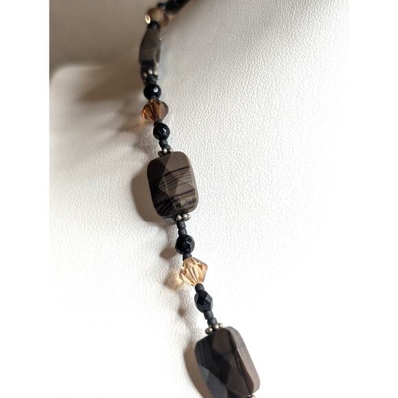 Black & Brown Crystal & Agate Stone Beaded 18" Necklace with Swirl Hook Clasp - Picture 2 of 8
